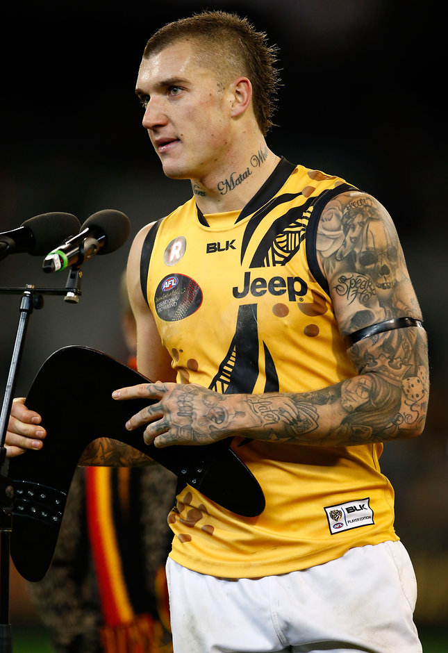 AFL 2016 Rd 10 - Essendon v Richmond MELBOURNE, AUSTRALIA - MAY 28: Dustin Martin of the Tigers accepts Yiooken Award for best on ground during the 2016 AFL Round 10 Dreamtime at the G match between the Essendon Bombers and the Richmond Tigers at the Melbourne Cricket Ground on May 28, 2016 in Melbourne, Australia. (Photo by Adam Trafford/AFL Media)